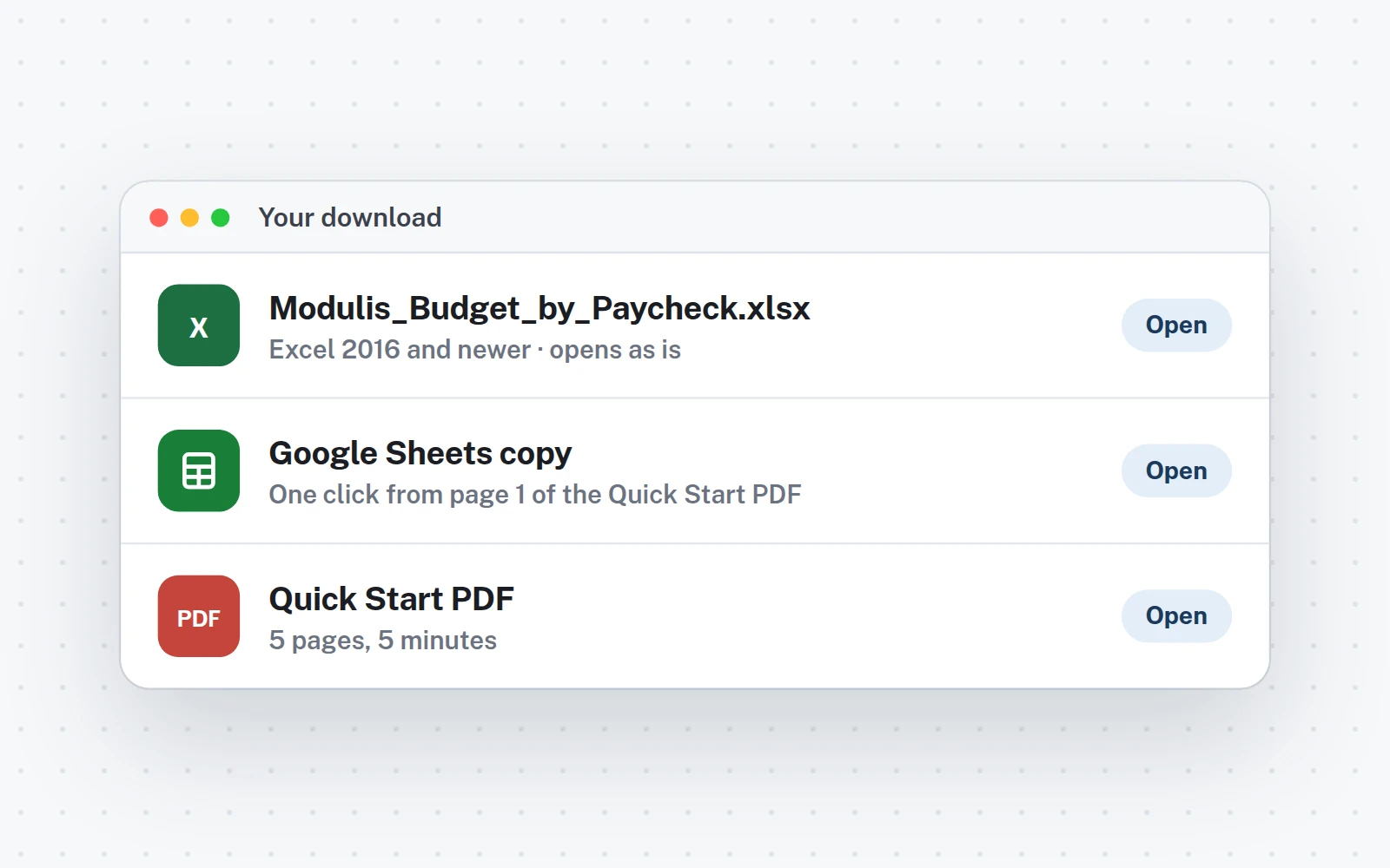 Your download: the Excel file, the Google Sheets copy and the Quick Start PDF