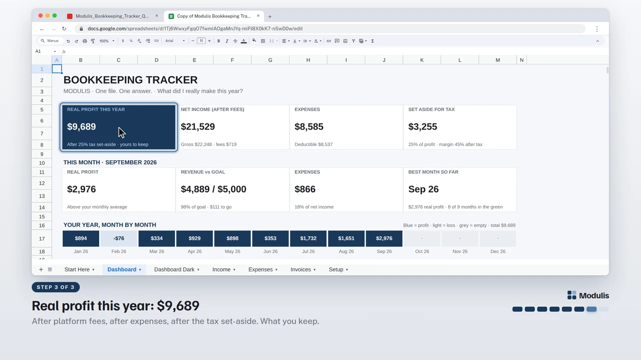A frame of the Bookkeeping Tracker video tutorial: the real file in Google Sheets