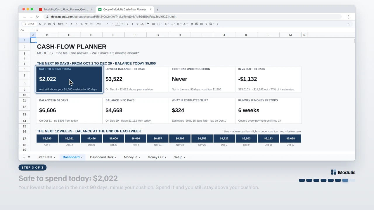 A frame of the Cash-flow Planner video tutorial: the real file in Google Sheets
