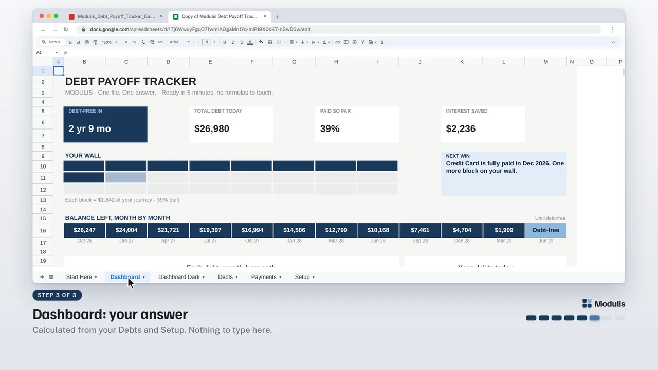 A frame of the Debt Payoff Tracker video tutorial: the real file in Google Sheets
